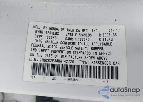 2017 Honda Accord Lx from USA, damaged, VIN 1HGCR2F38HA142720